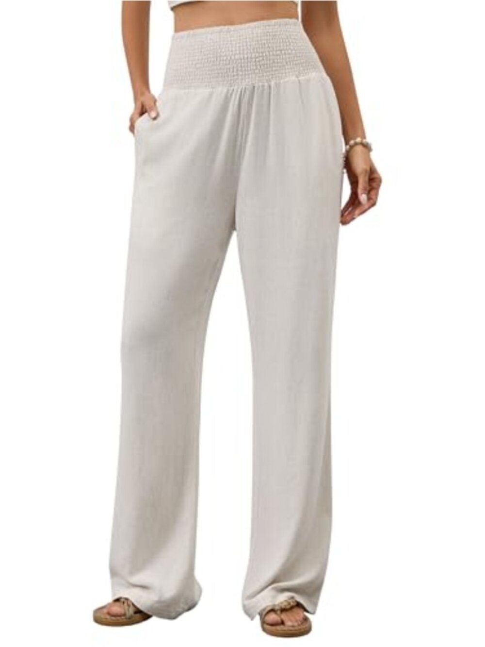 Women's Cotton Linen Wide Leg Pants High Waist Palazzo Lounge Trousers with